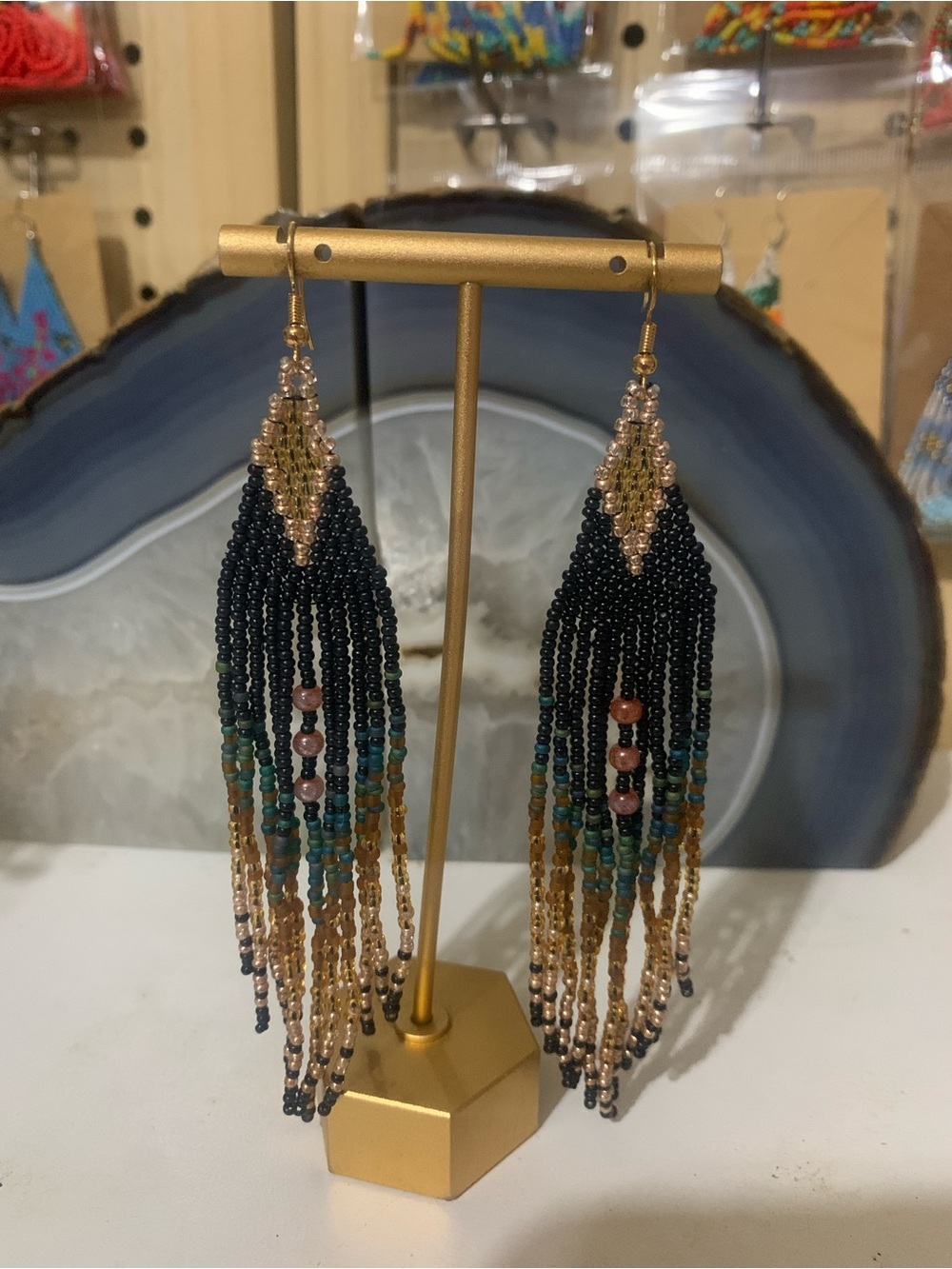 Beaded Fringe Dangle Earrings in Black, Gold & Turquoise Accent